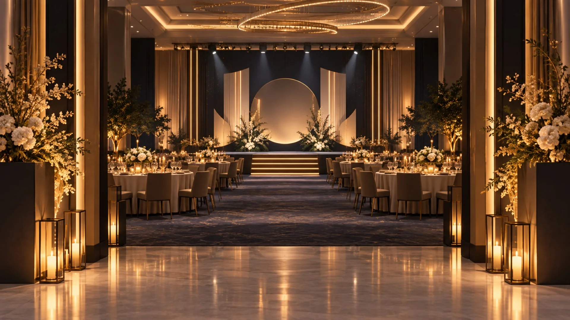 Editorial illustration of a cohesive corporate gala entrance, tablescapes and stage styling before guests arrive