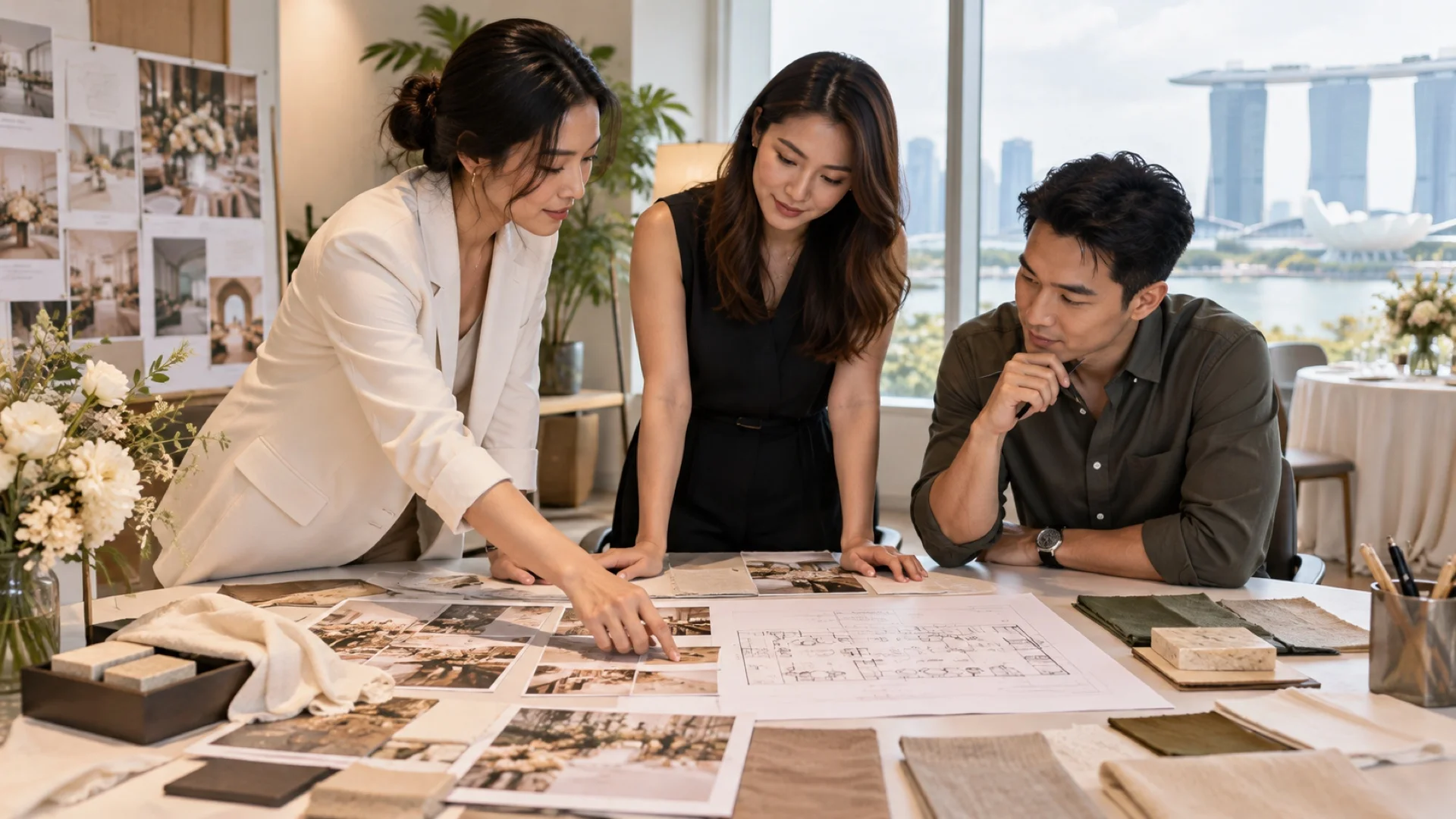 Editorial illustration of adult event planners reviewing an illegible venue plan and moodboard in a studio