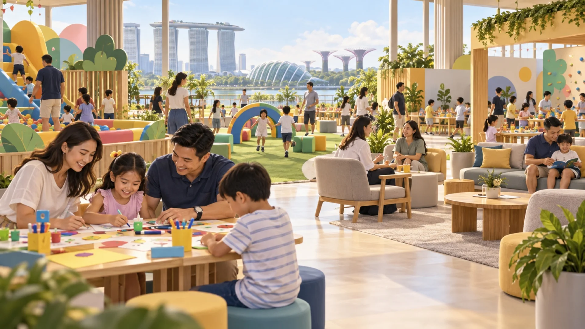 Editorial illustration of adults and families enjoying separate activity zones at a well-organised company family day