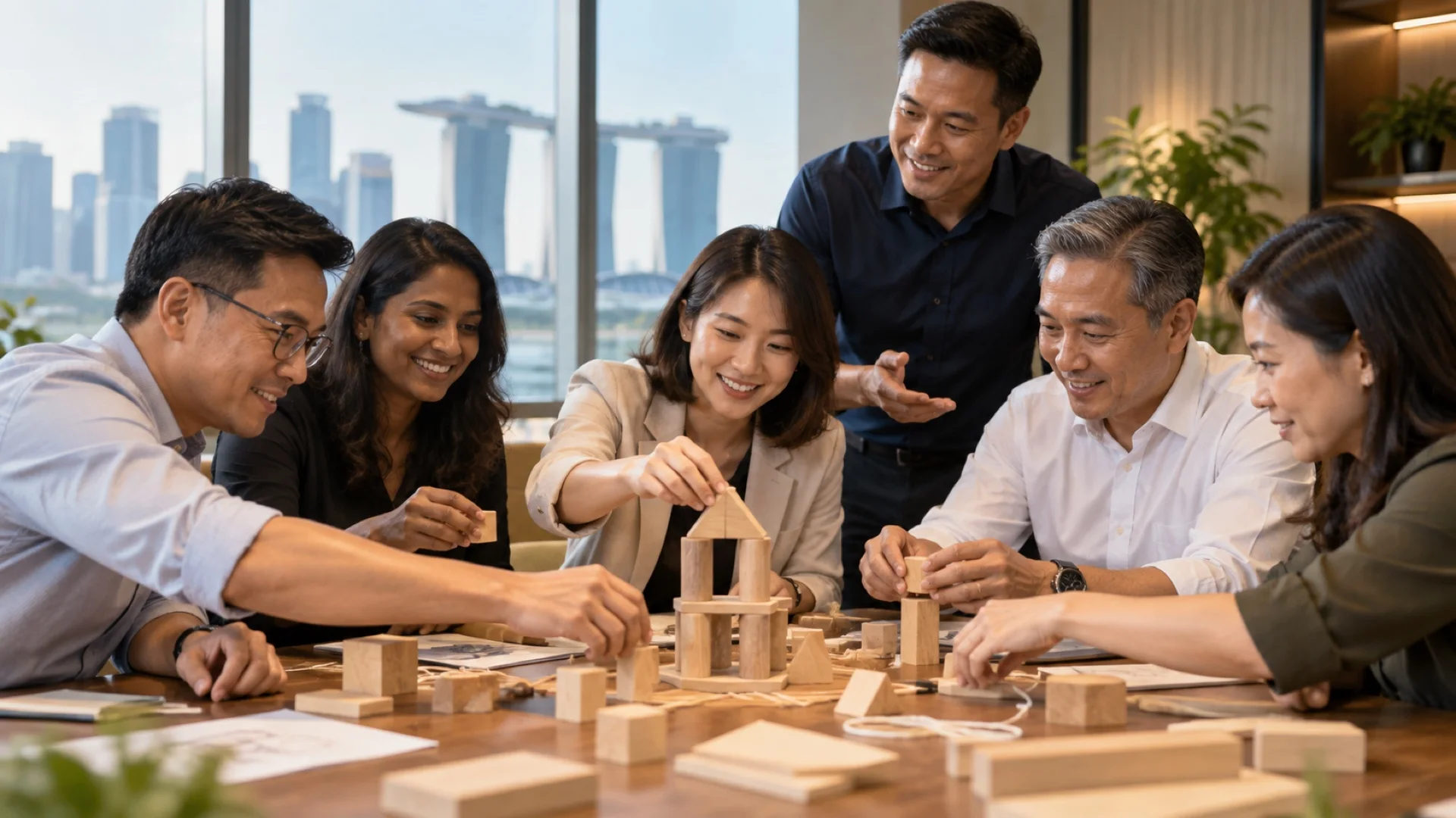Editorial illustration of a small adult corporate team working together on a tactile tabletop challenge