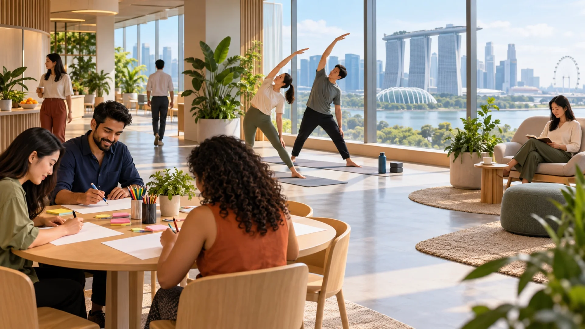 Editorial illustration of adult employees choosing creative, movement and quiet stations at a corporate wellness day