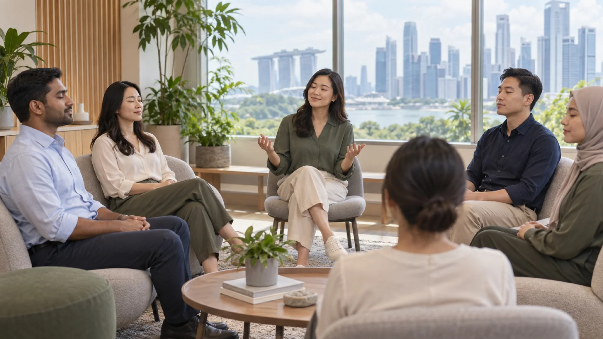 Editorial illustration of adult colleagues in a calm facilitated workplace wellness session in Singapore